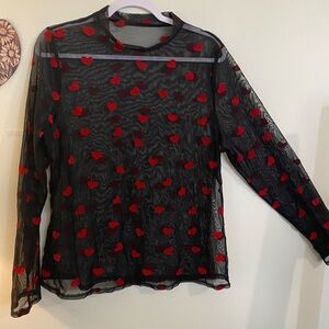 SHEIN Black Sheer Long Sleeve Blouse with Red Floral Design